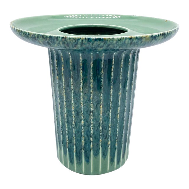 Mid Century Modern Ribbed Green-Blue Vase For Sale
