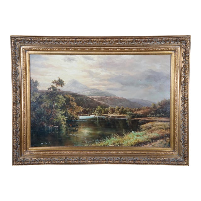 Mid 20th Century Vintage Pastoral River Landscape Oil Painting Realism Cattle Grazing Framed For Sale