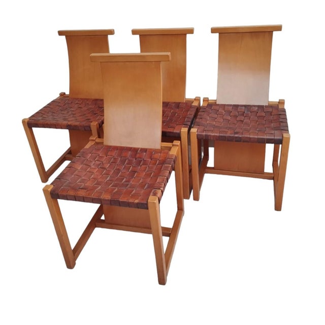 Italian Beech and Woven Leather Chairs, 1970s, Set of 4 For Sale - Image 4 of 15