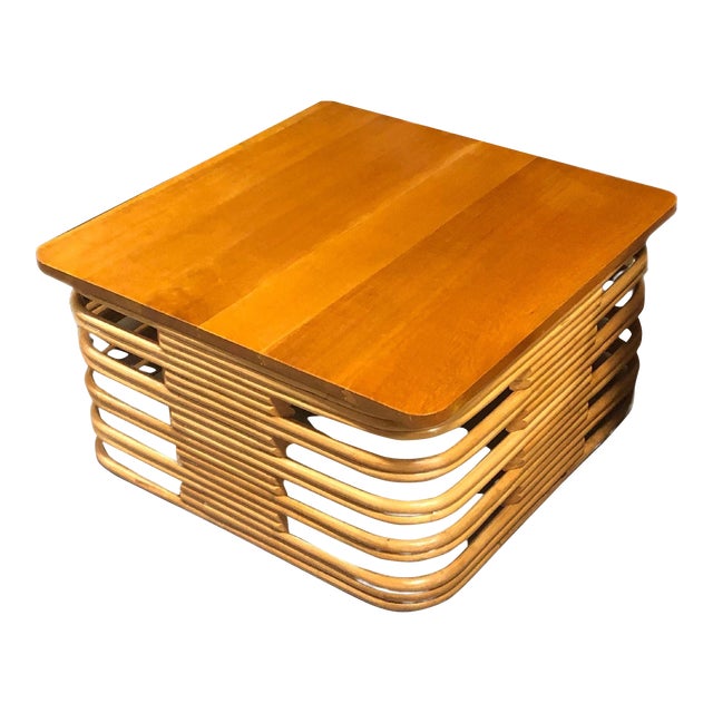 1950s Restored Stacked Rattan Cocktail Coffee Table W/ Mahogany Top For Sale