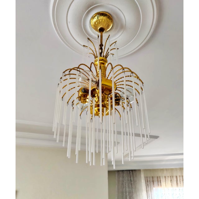 Vintage Brass Chandelier Milk Glass Rods Ceiling Light For Sale - Image 6 of 14