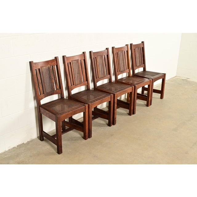 Charles Limbert Lifetime Furniture Antique Mission Oak and Cane Arts & Crafts Dining Chairs, Set of Five For Sale - Image 4 of 11
