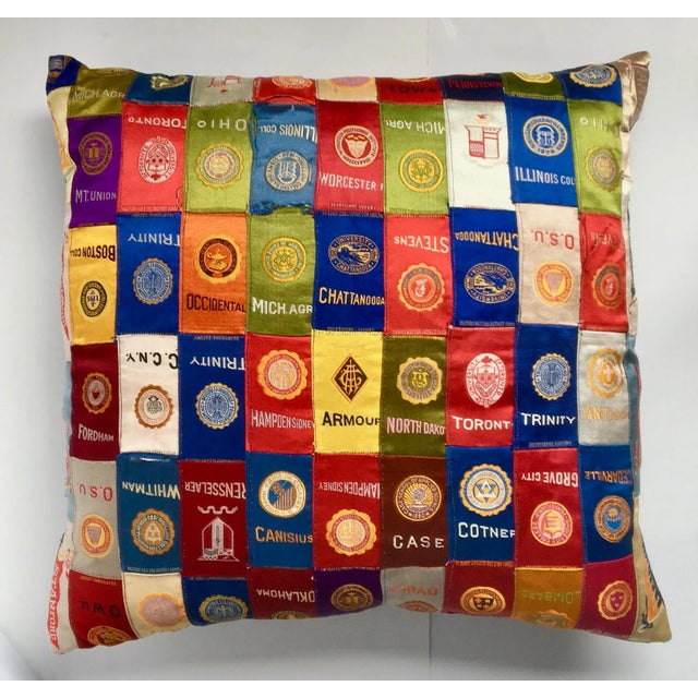 C1910 Varsity Patchwork of Promotional Silks - Down Stuffed Throw Pillow - For Sale - Image 11 of 11