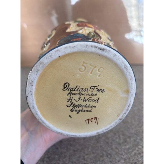 Staffordshire Vintage 1960s Staffordshire Indian Tree Design Majolica Pottery Pitcher Bowl Signed H J Wood MCM For Sale - Image 4 of 15