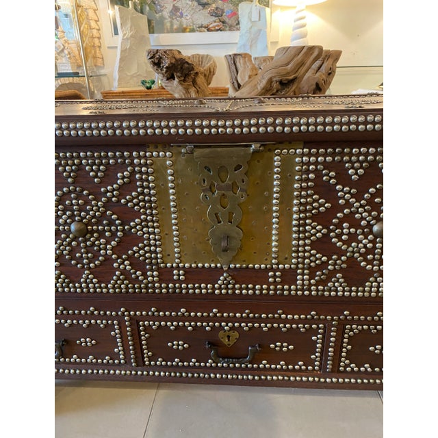 African Antique Arab Zanzibar Wooden and Brass Studded Coffee Cocktail Table Trunk Chest For Sale - Image 3 of 11