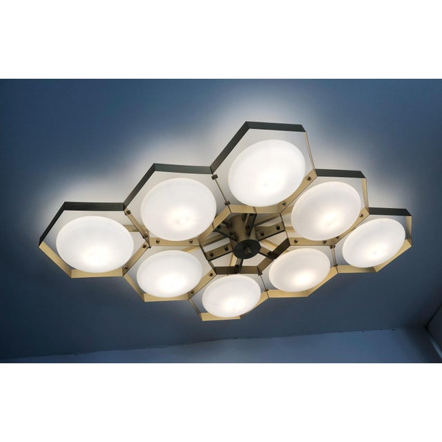 Metal 21st Century Hive Satin Brass Glossy White Murano Flush Mount by Fabio LTD For Sale - Image 7 of 9