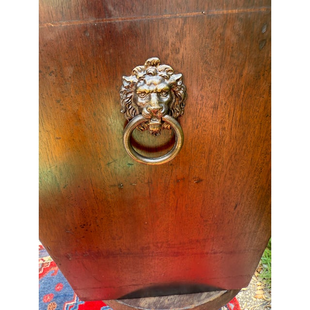 Brown Vintage English Lion Head Wood and Brass Wastebasket/Planter For Sale - Image 8 of 8