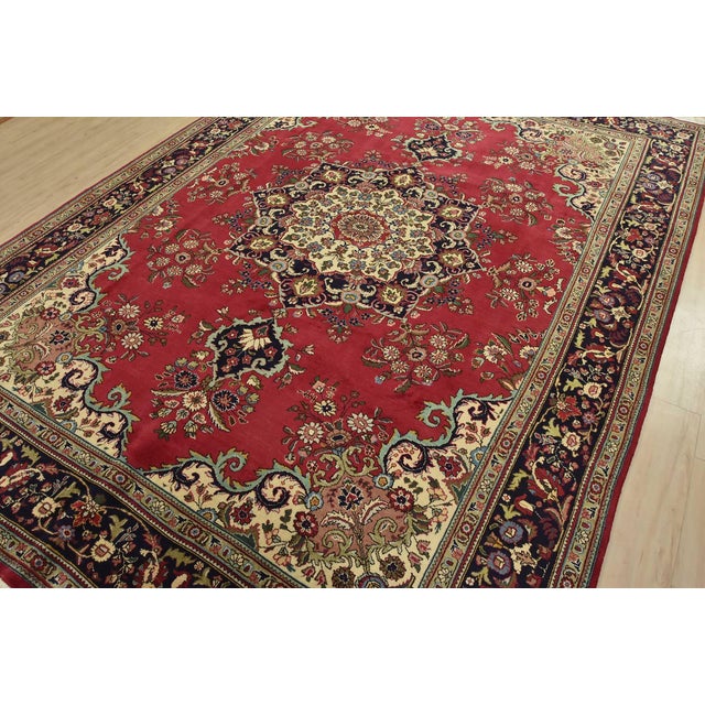 Farmhouse Tabriz Rug 8’3” X 11’3” Red Wool Vintage Traditional Hand-Knotted Carpet For Sale - Image 3 of 15