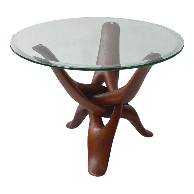 Vintage Mid-Century Interlocking Teak Tripod Base Table With Glass Top, Circa 1970s For Sale