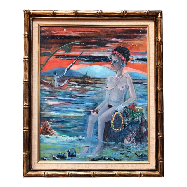 Original Vintage Female Nude in Seascape Painting Signed For Sale