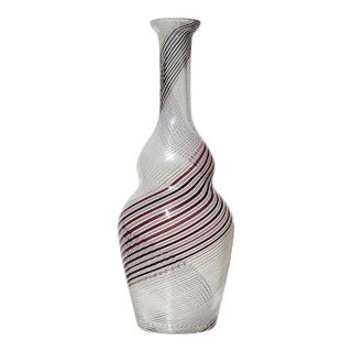 Vintage Dino Martens Murano Black White Aventurine Swirl Ribbons Italian Art Glass Flower Vase For Sale
