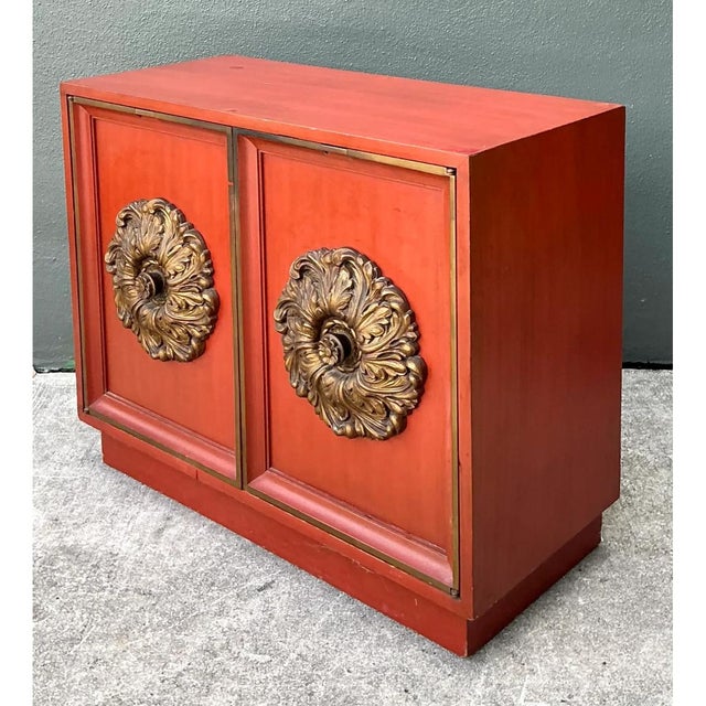 Lane Furniture Vintage Lane Red Cabinet With Ornate Medallions For Sale - Image 4 of 14