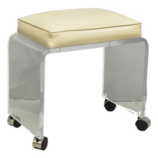 Vintage Mid Century Modern Clear Lucite Waterfall Vanity Bench Stool on Wheels For Sale