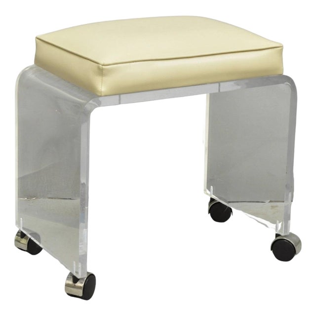 Vintage Mid Century Modern Clear Lucite Waterfall Vanity Bench Stool on Wheels For Sale