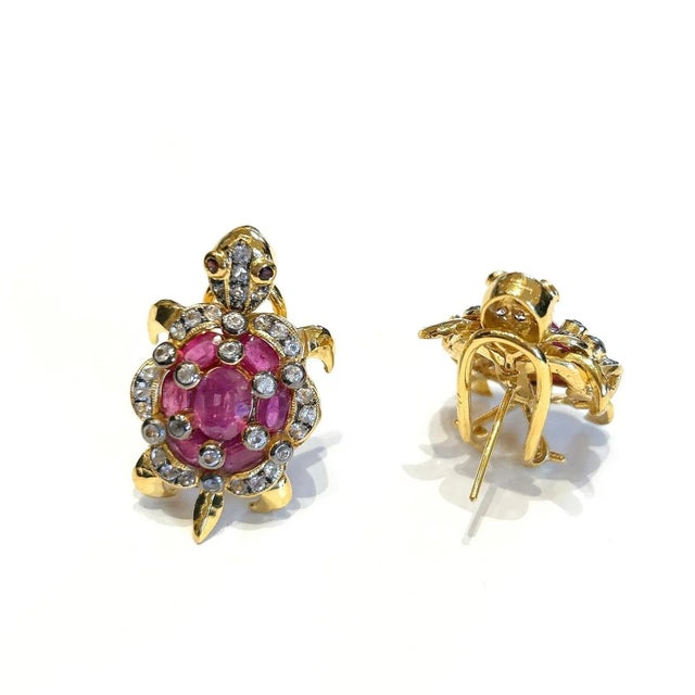 Art Deco Bochic “Orient” Ruby & White Topaz Turtle Earrings Set 18k Gold & Silver - 2 Pieces For Sale - Image 3 of 6