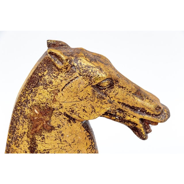 Chinese Vintage Chinese Gilt Han Style Wood Horse Bust on Stand For Sale - Image 3 of 7