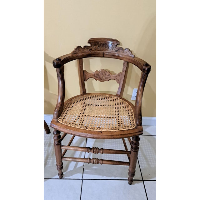 Antique 1800s Wood Chairs Pair Carved Back Recaned Seats Refinished For Sale - Image 9 of 13