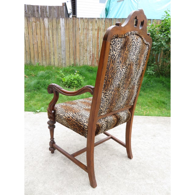 Antique Carved Wood Spanish Revival Arm Throne Chair W/ Leopard Tiger Jungle Cat Velvet Upholstery For Sale - Image 16 of 17