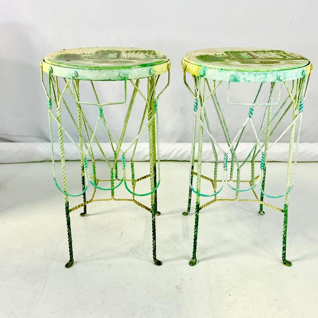 1970s Vintage Boho Chic Italian Ice Cream Cafe Indoor Outdoor Bar Stools Convertible Drinks Tables - A Pair For Sale - Image 12 of 18