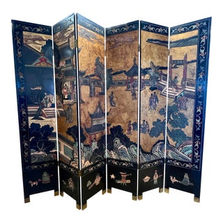 Chinese Black Lacquered 6 Panel Coromandel Folding Screen Room Divider For Sale