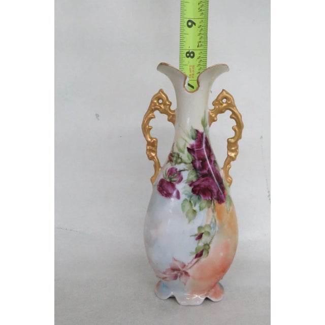 Ceramic Porcelain Blue Orange Hand Painted Floral Footed Gold Double Handle Vase For Sale - Image 7 of 12