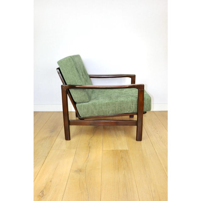 Vintage Brown Wooden Armchair in Green-Olive Jeans Design from Z. Bączyk, 1970s For Sale - Image 9 of 9