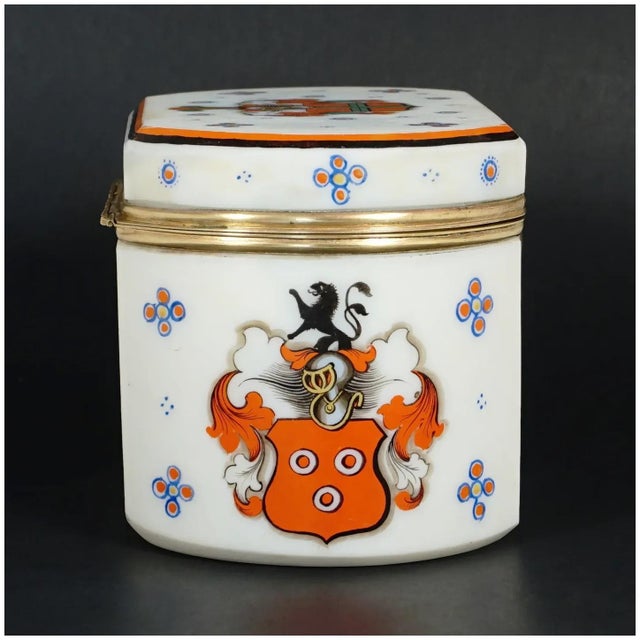 Metal 19th Century Antique Bohemian Opaline Glass Box Armorial Hand Painted Coat of Arms For Sale - Image 7 of 11
