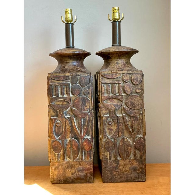 Mid 20th Century Vintage Abstract Carved Ceramic Lamps - A Pair For Sale - Image 5 of 13