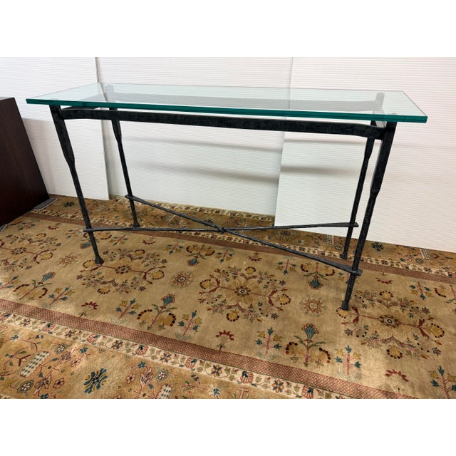 Brutalist Iron & Tempered Glass Console Table, in the Style of Giametti For Sale - Image 3 of 12