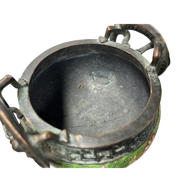 Green Vintage Light Green Enamel Metal Round Ding Shape Incense Burner Display Art For Sale - Image 8 of 8