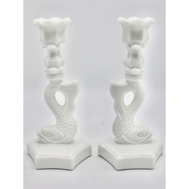 Coastal Vintage Coastal White Milk Glass Dolphin Form Candlesticks For Sale - Image 3 of 10