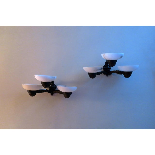 Antique Bronze and Alabaster 3-Arm Wall Lights 1910s, Set of 2 For Sale - Image 4 of 10