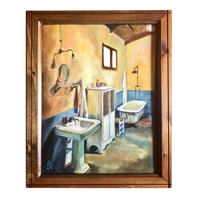 Signed Expressionist Original Art Deco Style Interior Bathroom Painting, Framed For Sale
