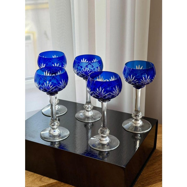 Cobalt Blue Massenet Crystal Hock Glasses by Saint-Louis, 1920, Set of 5 For Sale - Image 11 of 15