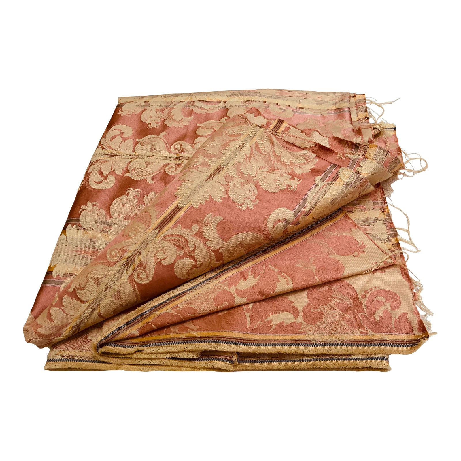 Nappe En Soie Damassée Vintage Française - 208x203cm Bleu Pâle Fleuri - Occasion Excellent état