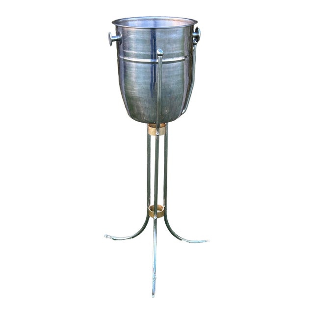 Vtg. Polished Steel and Bronze Champagne Bucket With Stand For Sale