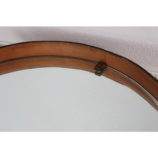 Leather Covered Round Wall Mirror with Brass Elements, Italy, 1960s For Sale - Image 9 of 18