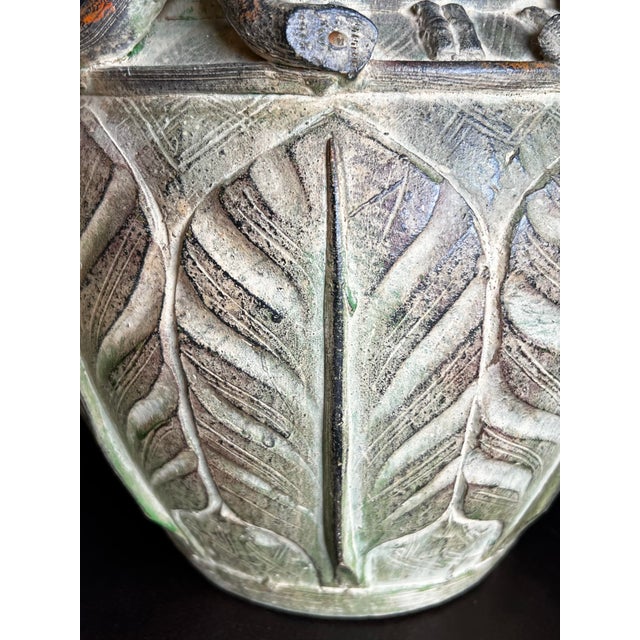 Green Vintage Pier 1 Weathered Green Earthenware Vase With Tropical Leaf Relief For Sale - Image 8 of 10