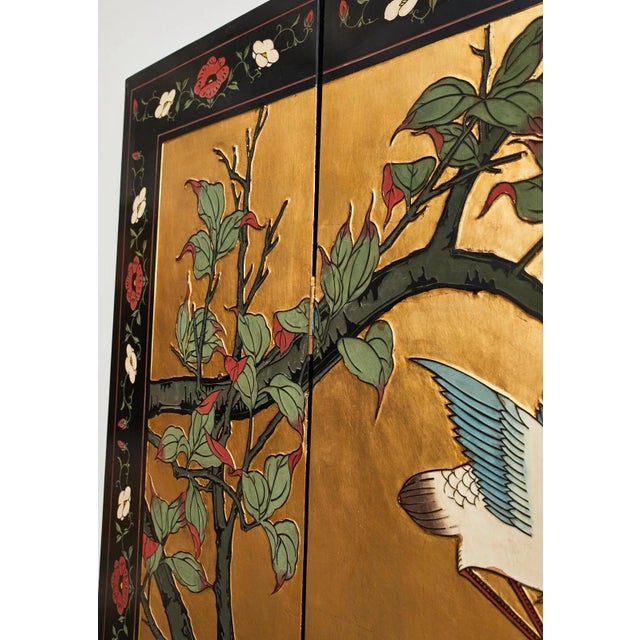 Mid 20th Century Chinese Export Four Panel Coromandel Screen Cranes on Gold Leaf For Sale - Image 5 of 13