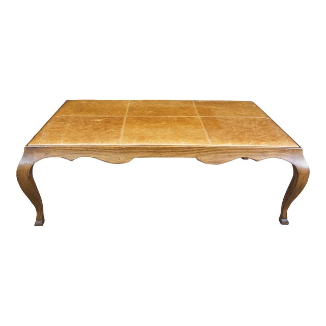 Antique French Country Oak Leather Coffee Cocktail Table For Sale
