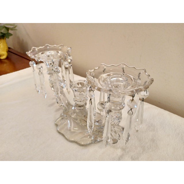 Mid-Century Modern Vintage 1930's Fostoria 3 Candle Glass Candelabra With Prisms For Sale - Image 3 of 6