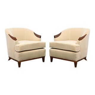 1950s American Mid-Century Modern Ecru Mohair and Walnut Armchairs - A Pair For Sale