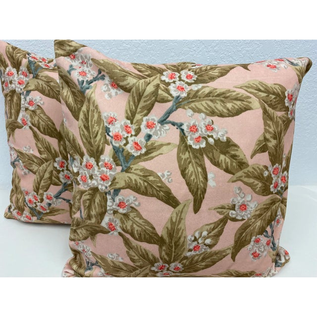 Peach Pair of 22" Square Pillows With a Delicate Apple Blossom Floral Pattern on a Coral Colored Velour Background - Made in Uk. For Sale - Image 8 of 8
