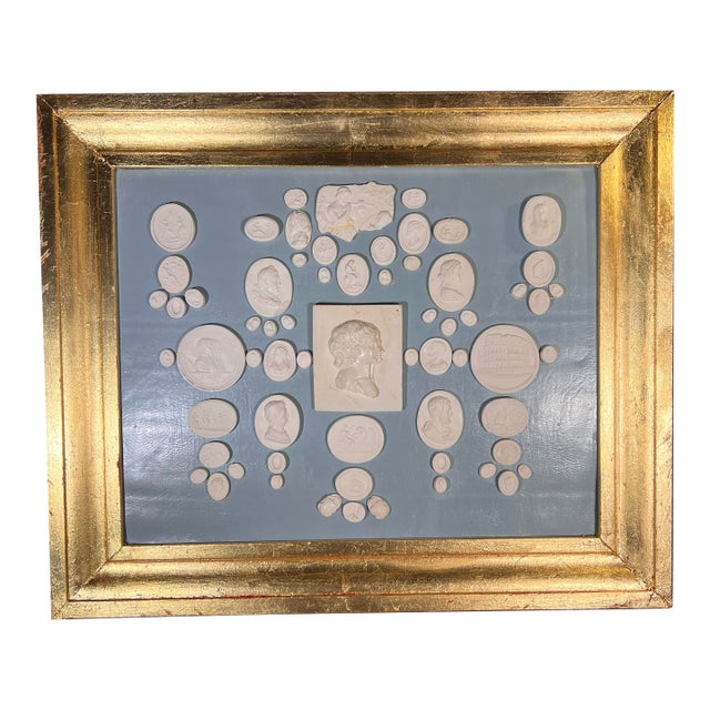 Neoclassical French Blue Leather Ground Giltwood Frame With White Plaster Classical Casts For Sale