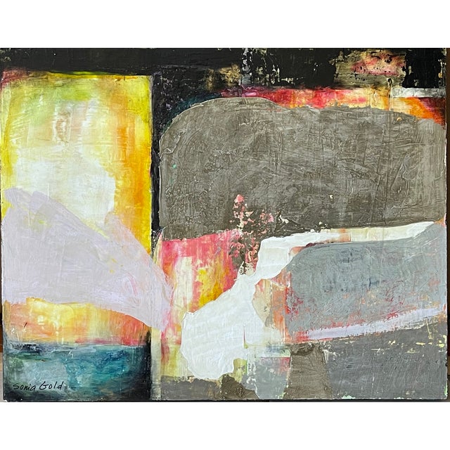The painting "The Space Between" is a vibrant original abstract artwork with rich textures, showcasing a vertical golden -...