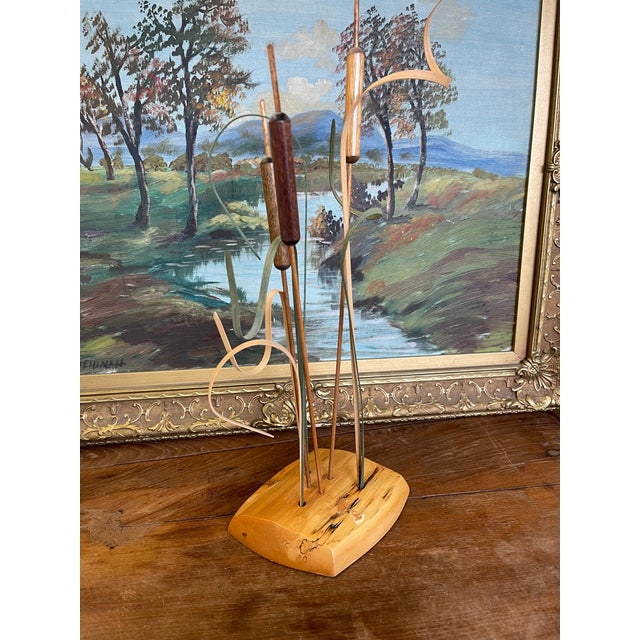 Arts & Crafts 1980s Handcrafted Wooden Cattail a Sculpture by Wood N' Things, Minnesota Studio Craft Botanical Art For Sale - Image 3 of 10