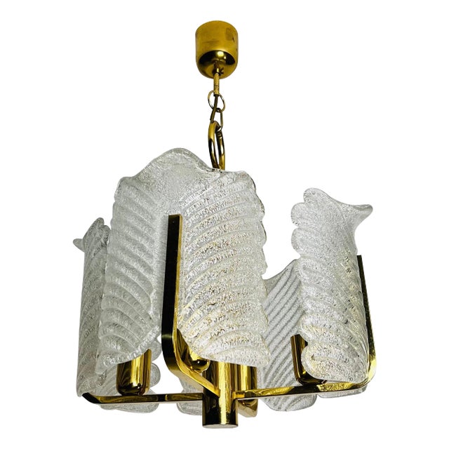Large Rare Midcentury 4-Arm Brass and Ice Glass Chandelier, 1960s For Sale