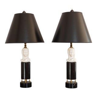 Ceramic Women's Bust Table Lamps With Shades - A Pair