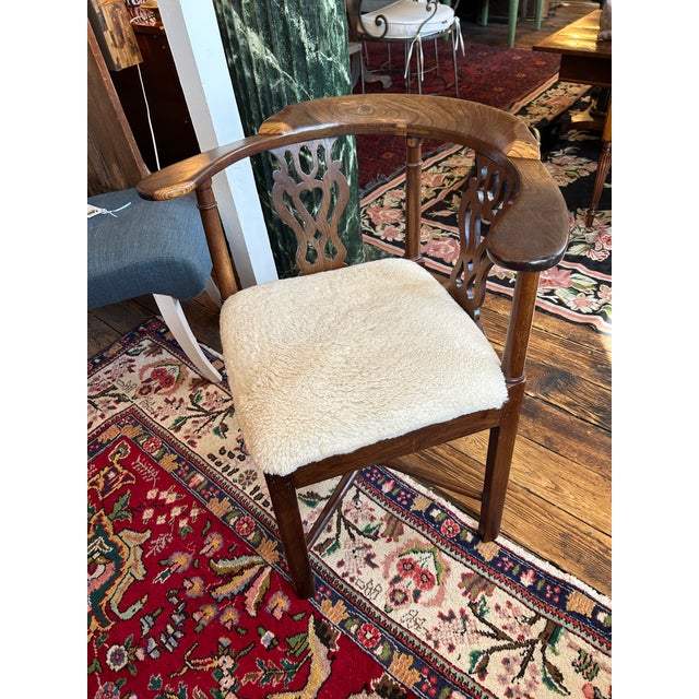 Antique Chippendale Style Walnut & Shearling Corner Desk Chair For Sale - Image 9 of 12