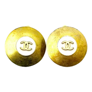 1990s Chanel Gold Plated CC White Disc Clip on Earrings - 2 Pieces